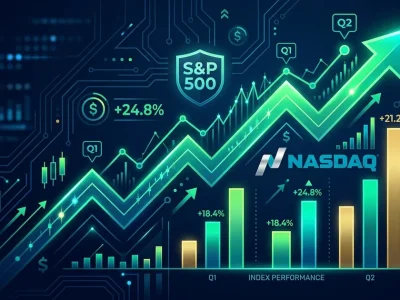 S&P 500 and Nasdaq upward trending charts showing best quarter since 2020
