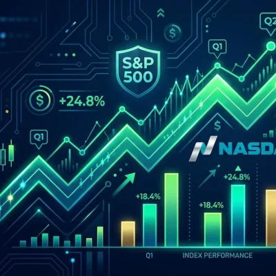 S&P 500 and Nasdaq upward trending charts showing best quarter since 2020