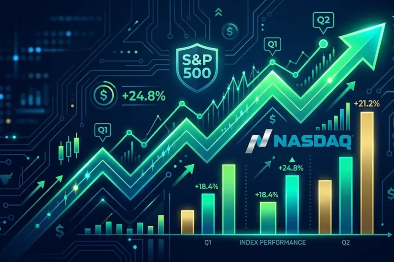 S&P 500 and Nasdaq upward trending charts showing best quarter since 2020