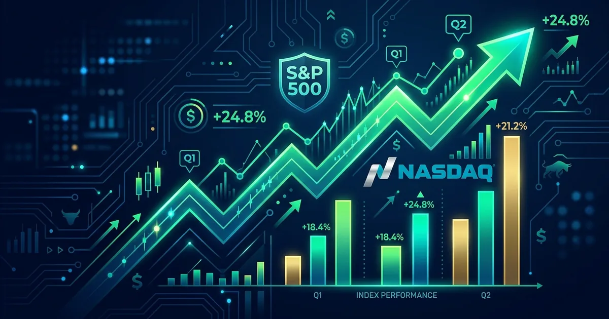 S&P 500 and Nasdaq upward trending charts showing best quarter since 2020