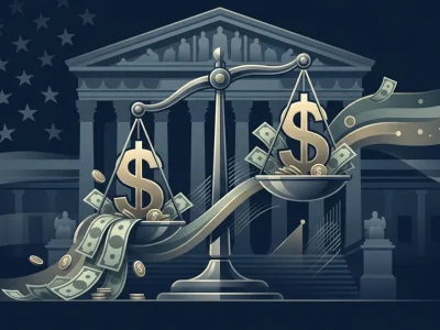 Scales of justice with dollar signs and Supreme Court building representing campaign finance ruling