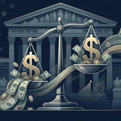 Scales of justice with dollar signs and Supreme Court building representing campaign finance ruling