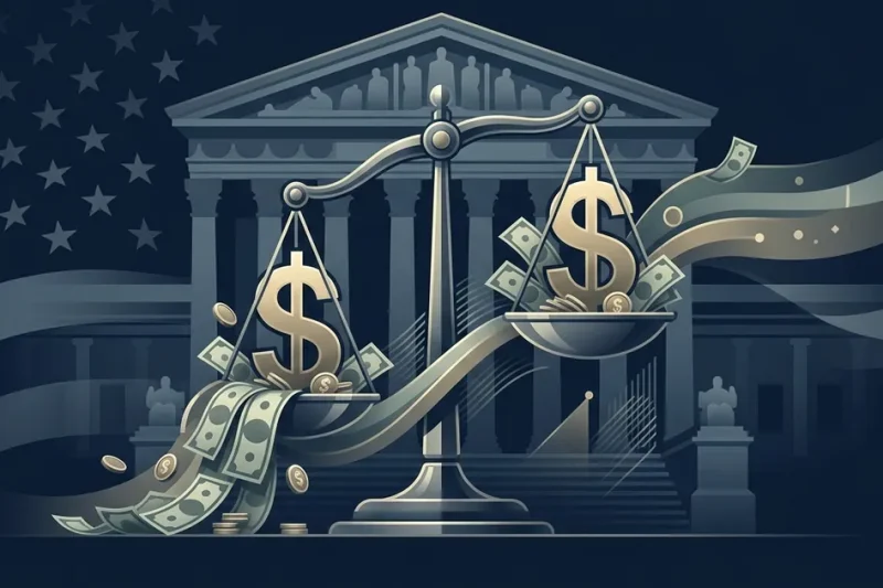 Scales of justice with dollar signs and Supreme Court building representing campaign finance ruling