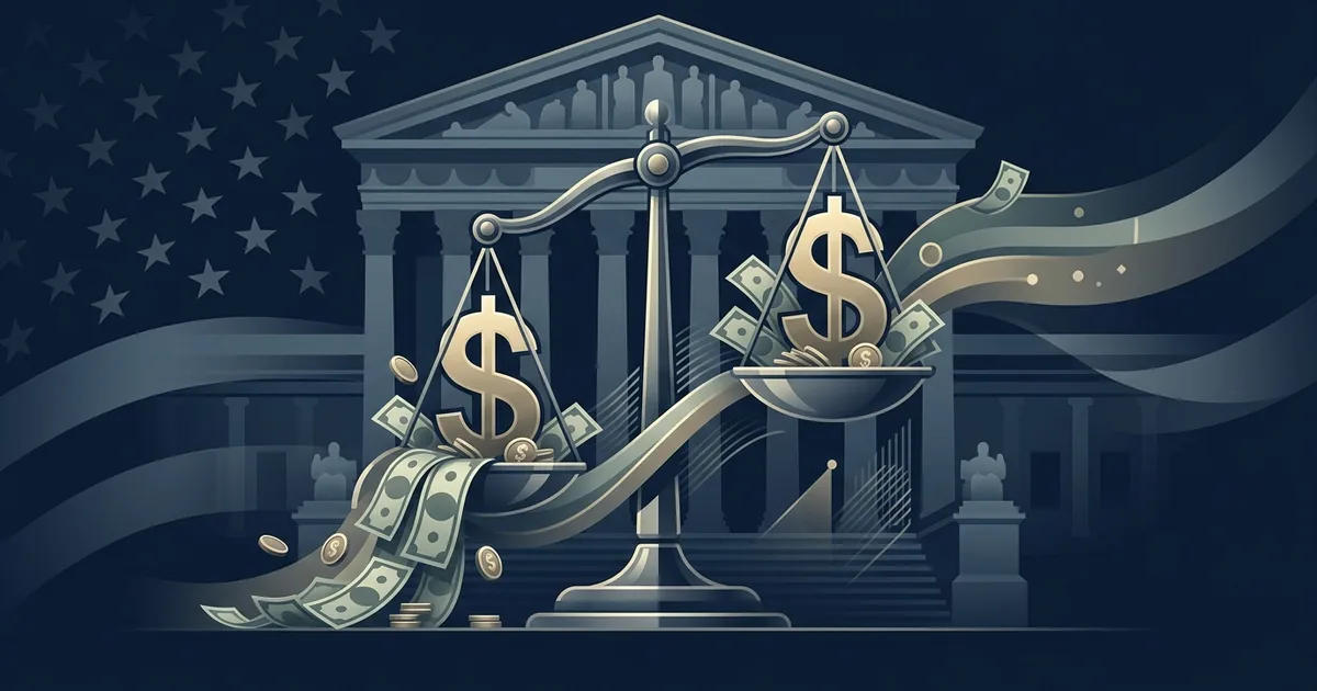Scales of justice with dollar signs and Supreme Court building representing campaign finance ruling