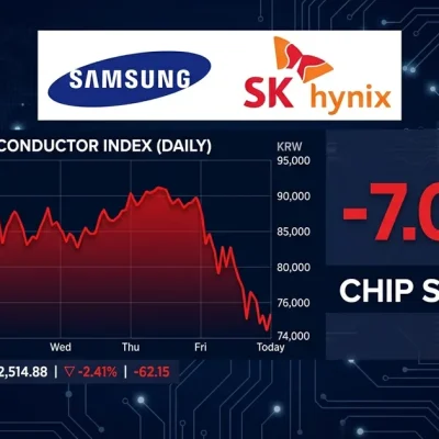 Samsung and SK hynix logos with KRX semiconductor index chart showing 7 percent decline and chip selloff label
