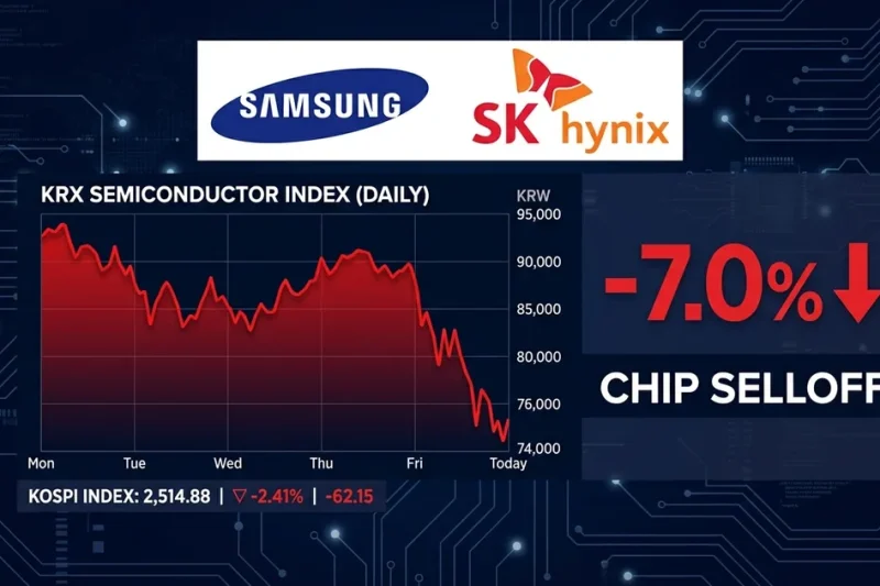 Samsung and SK hynix logos with KRX semiconductor index chart showing 7 percent decline and chip selloff label