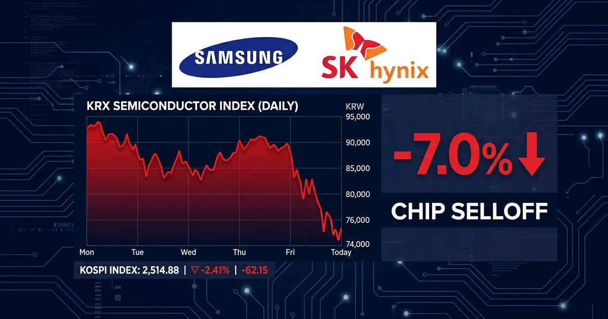 Samsung and SK hynix logos with KRX semiconductor index chart showing 7 percent decline and chip selloff label