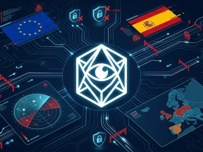 Palantir logo centered with EU and Spanish flags lock icons severed data lines radar screen and European map with blocked zones