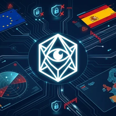 Palantir logo centered with EU and Spanish flags lock icons severed data lines radar screen and European map with blocked zones