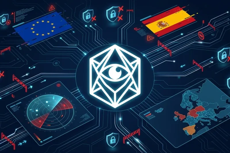 Palantir logo centered with EU and Spanish flags lock icons severed data lines radar screen and European map with blocked zones