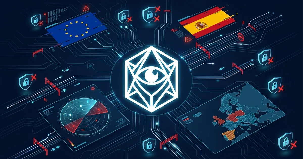 Palantir logo centered with EU and Spanish flags lock icons severed data lines radar screen and European map with blocked zones