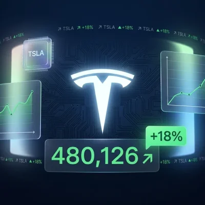 Tesla logo with TSLA ticker, delivery count of 480,126 vehicles, and plus 18 percent beat indicator on dark navy financial dashboard