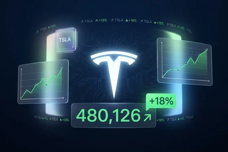 Tesla logo with TSLA ticker, delivery count of 480,126 vehicles, and plus 18 percent beat indicator on dark navy financial dashboard