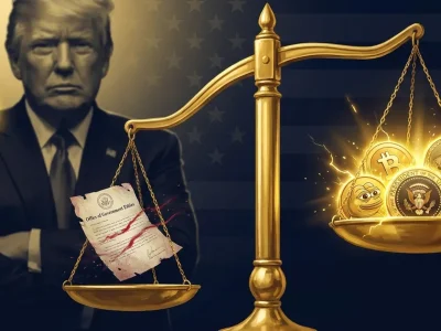 Editorial illustration showing scales of justice with cryptocurrency coins outweighing a government ethics document, with President Donald Trump in shadow behind them