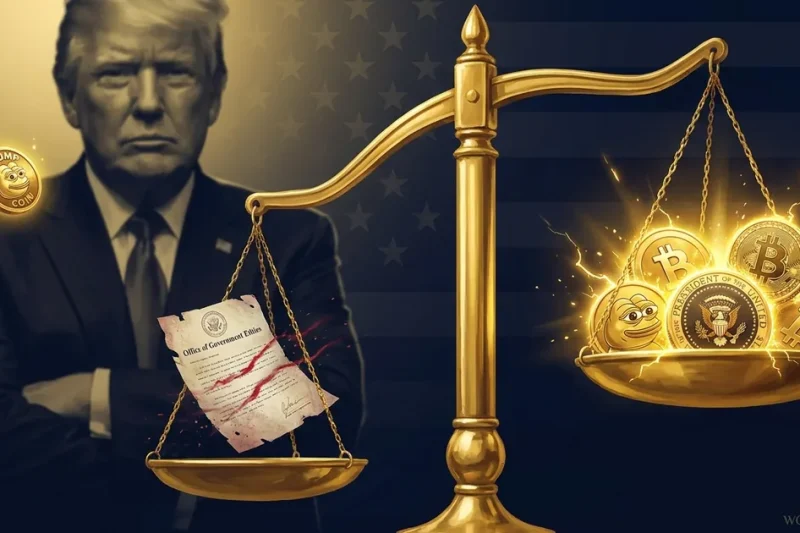 Editorial illustration showing scales of justice with cryptocurrency coins outweighing a government ethics document, with President Donald Trump in shadow behind them