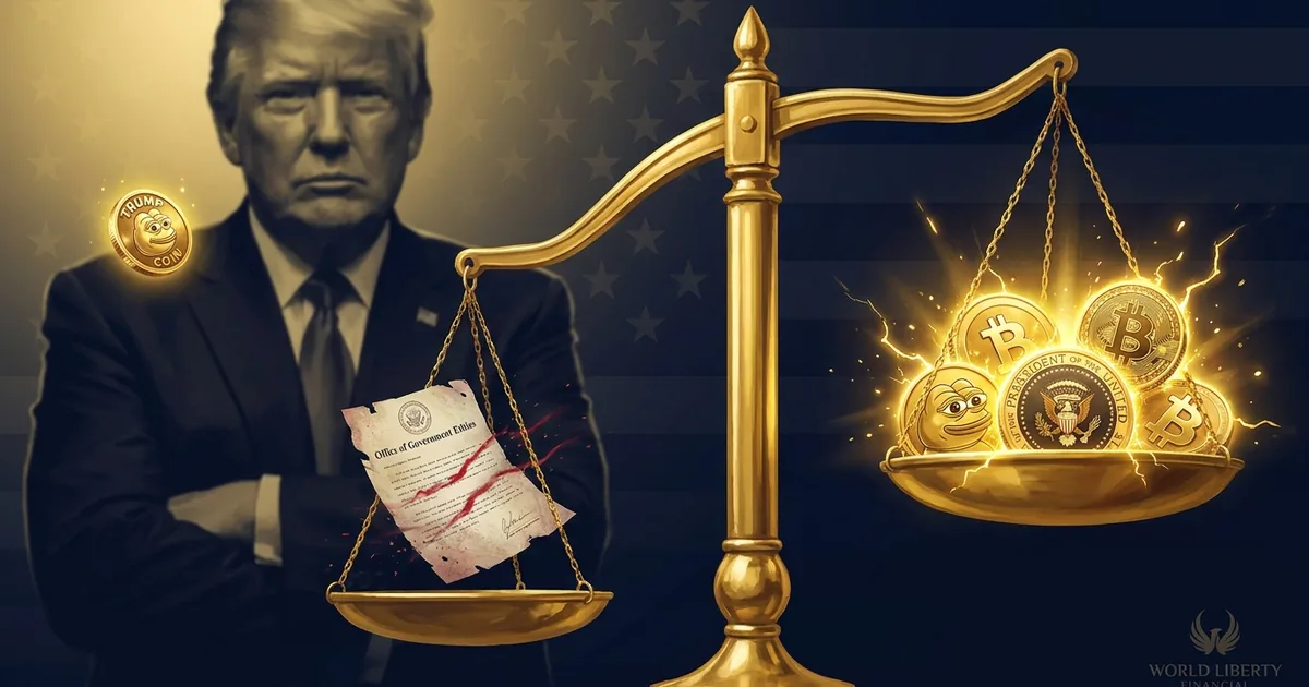 Editorial illustration showing scales of justice with cryptocurrency coins outweighing a government ethics document, with President Donald Trump in shadow behind them