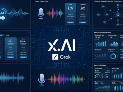 xAI and Grok logos with voice wave patterns phone icons pricing panels telephony network and agent performance metrics