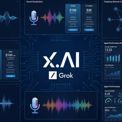 xAI and Grok logos with voice wave patterns phone icons pricing panels telephony network and agent performance metrics