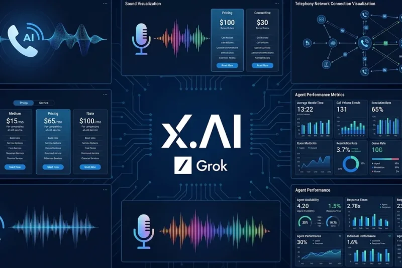 xAI and Grok logos with voice wave patterns phone icons pricing panels telephony network and agent performance metrics