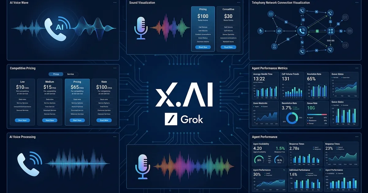 xAI and Grok logos with voice wave patterns phone icons pricing panels telephony network and agent performance metrics