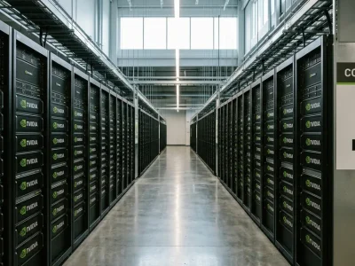 Long corridor of black NVIDIA-branded GPU server racks in an AI data center, daylight from a high window at the end of the aisle