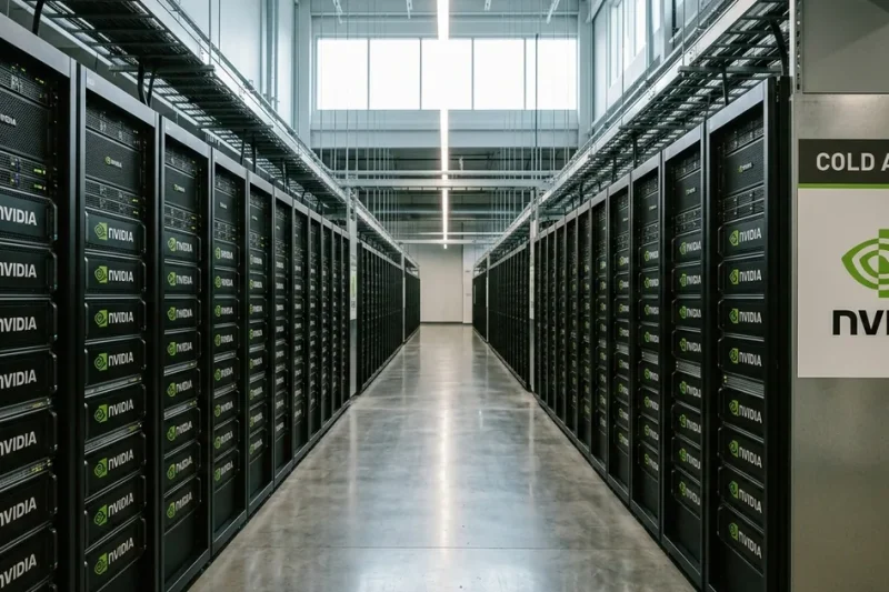 Long corridor of black NVIDIA-branded GPU server racks in an AI data center, daylight from a high window at the end of the aisle