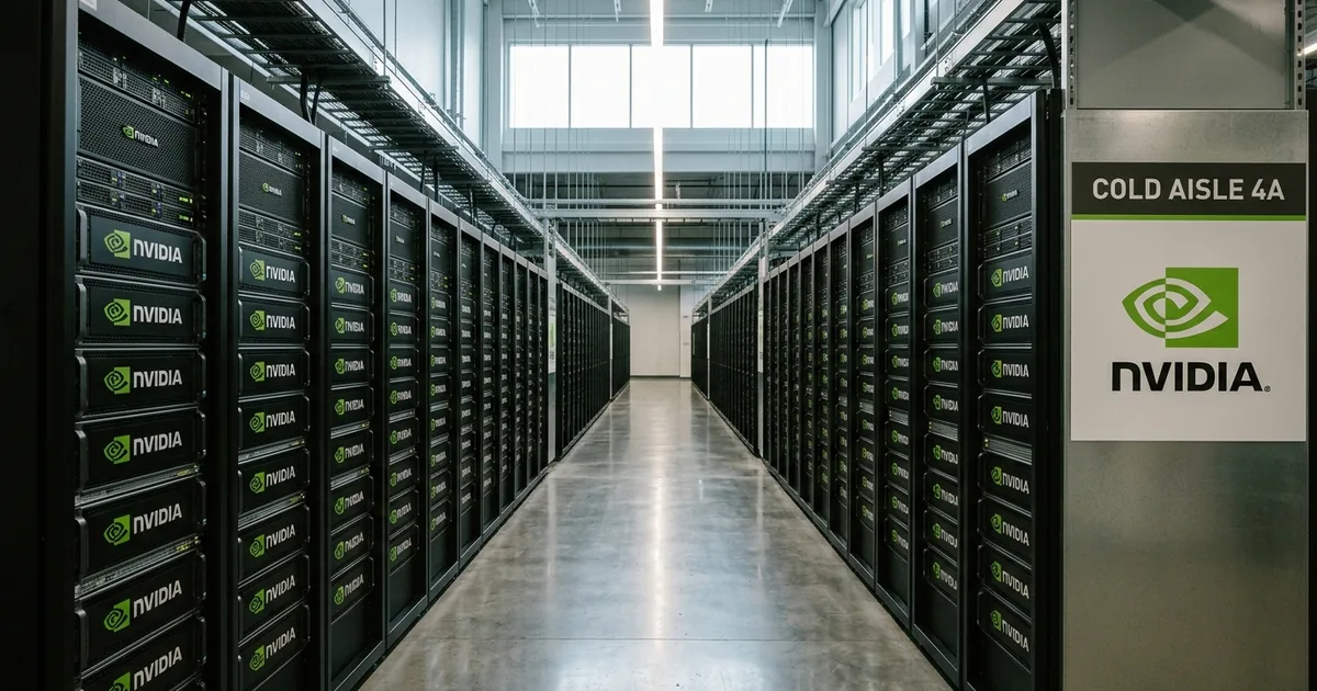 Long corridor of black NVIDIA-branded GPU server racks in an AI data center, daylight from a high window at the end of the aisle