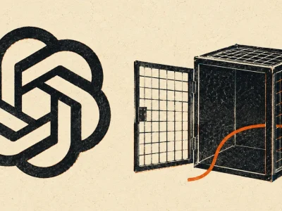 Risograph-style poster of the OpenAI logo beside an open steel cage with a line escaping from it