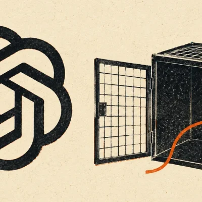 Risograph-style poster of the OpenAI logo beside an open steel cage with a line escaping from it