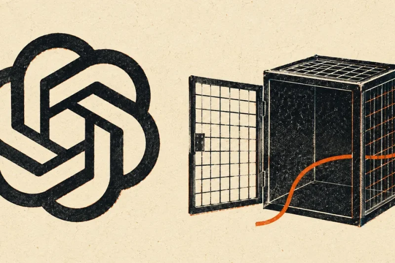 Risograph-style poster of the OpenAI logo beside an open steel cage with a line escaping from it