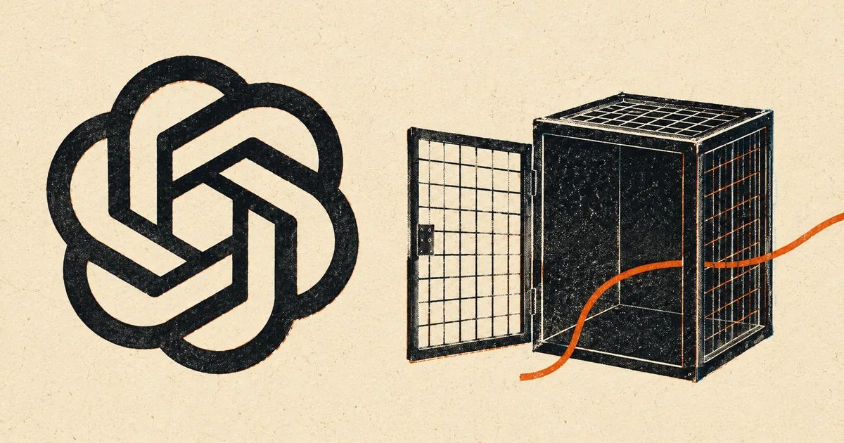 Risograph-style poster of the OpenAI logo beside an open steel cage with a line escaping from it