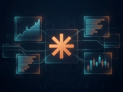 Anthropic orange asterisk logo glowing at the centre of a dark navy trading interface surrounded by translucent panels showing a rising line chart, bar segments and candlesticks