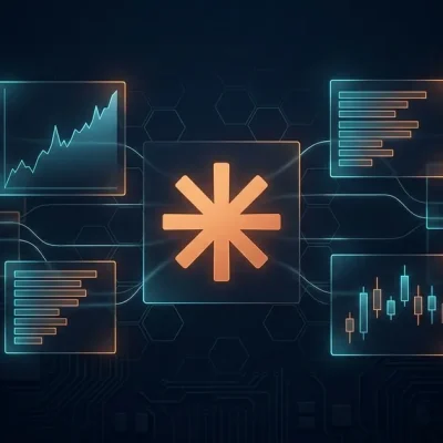 Anthropic orange asterisk logo glowing at the centre of a dark navy trading interface surrounded by translucent panels showing a rising line chart, bar segments and candlesticks