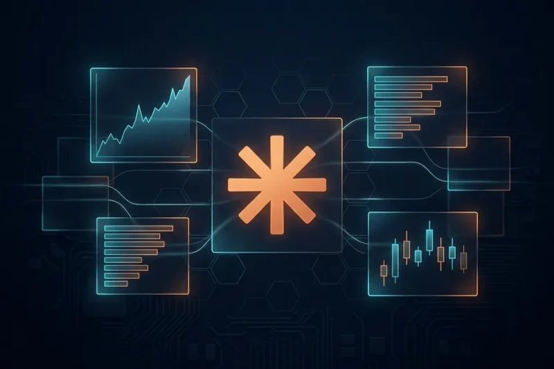 Anthropic orange asterisk logo glowing at the centre of a dark navy trading interface surrounded by translucent panels showing a rising line chart, bar segments and candlesticks