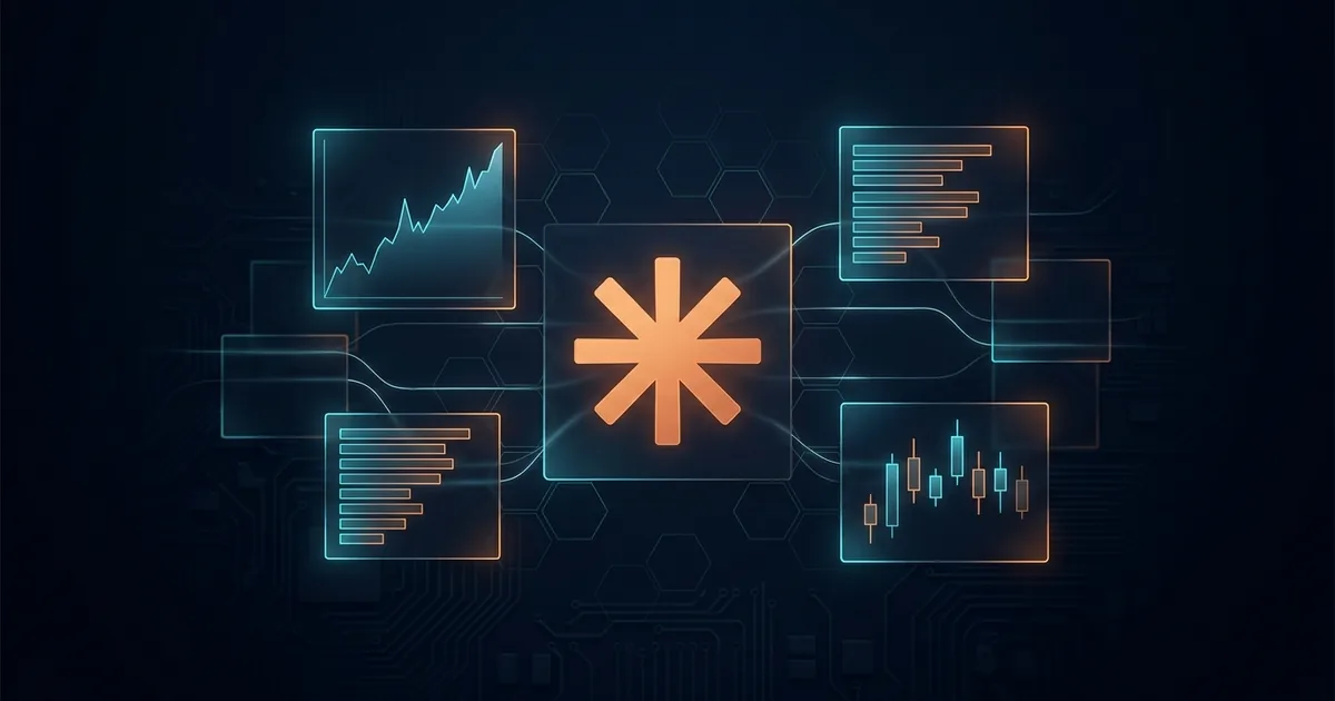 Anthropic orange asterisk logo glowing at the centre of a dark navy trading interface surrounded by translucent panels showing a rising line chart, bar segments and candlesticks