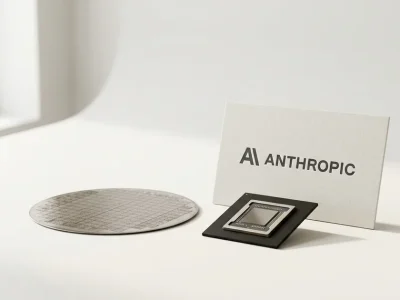 A silicon wafer and a packaged AI accelerator chip on a white studio surface next to a printed card showing the Anthropic logo