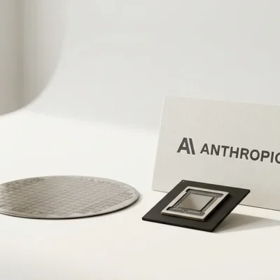 A silicon wafer and a packaged AI accelerator chip on a white studio surface next to a printed card showing the Anthropic logo