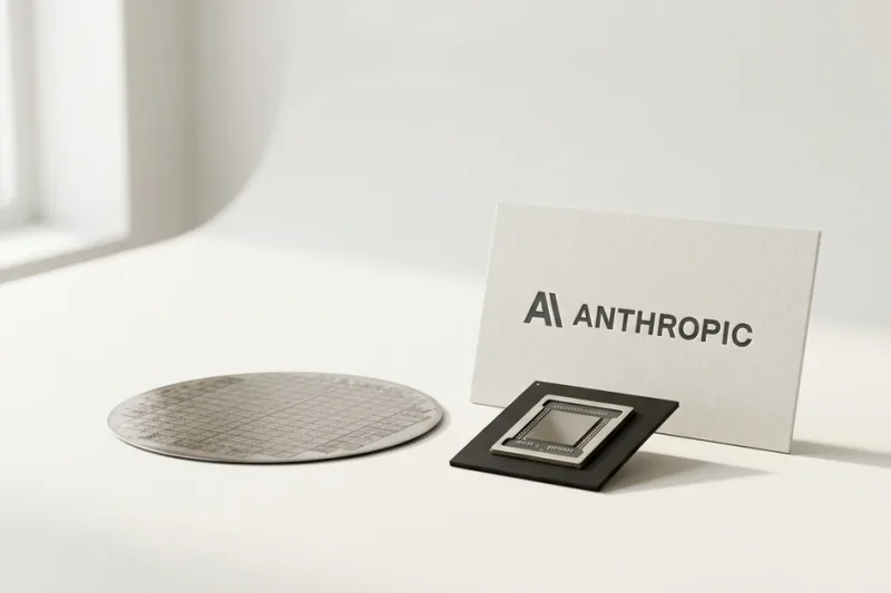 A silicon wafer and a packaged AI accelerator chip on a white studio surface next to a printed card showing the Anthropic logo