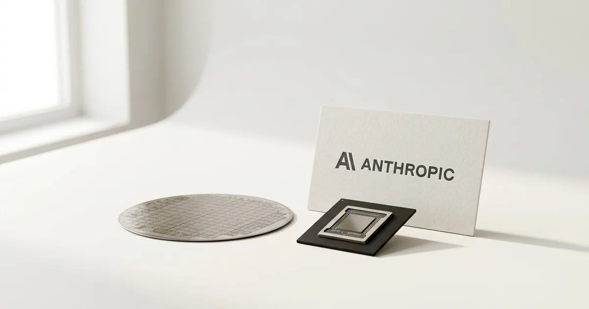A silicon wafer and a packaged AI accelerator chip on a white studio surface next to a printed card showing the Anthropic logo