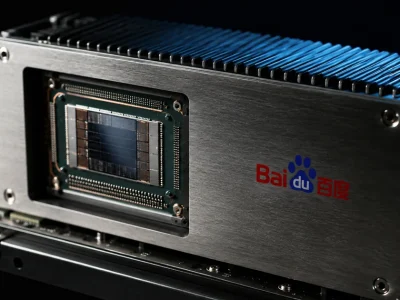 Extreme close-up of a GPU accelerator package on a server rail with a blue heatsink and the Baidu logo printed on the metal shroud