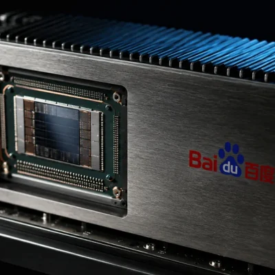Extreme close-up of a GPU accelerator package on a server rail with a blue heatsink and the Baidu logo printed on the metal shroud