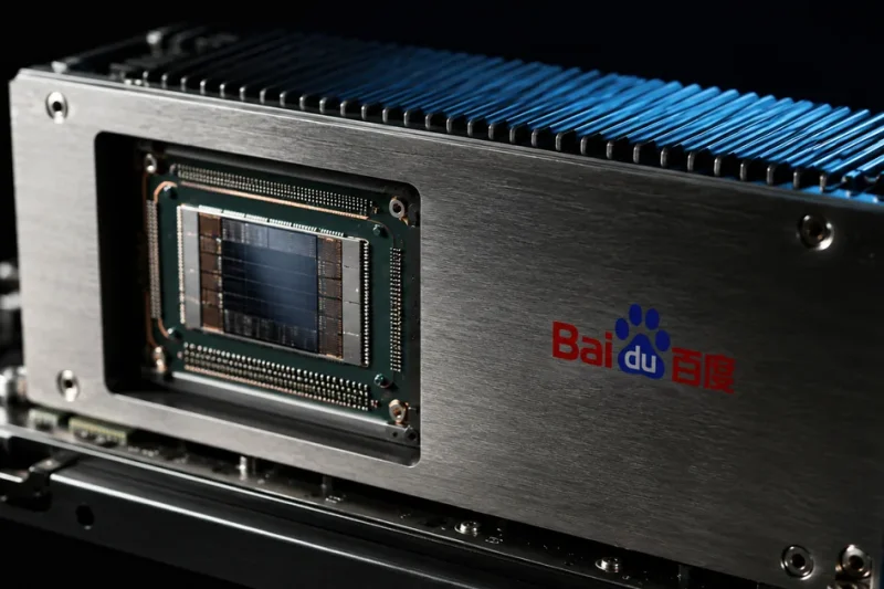 Extreme close-up of a GPU accelerator package on a server rail with a blue heatsink and the Baidu logo printed on the metal shroud