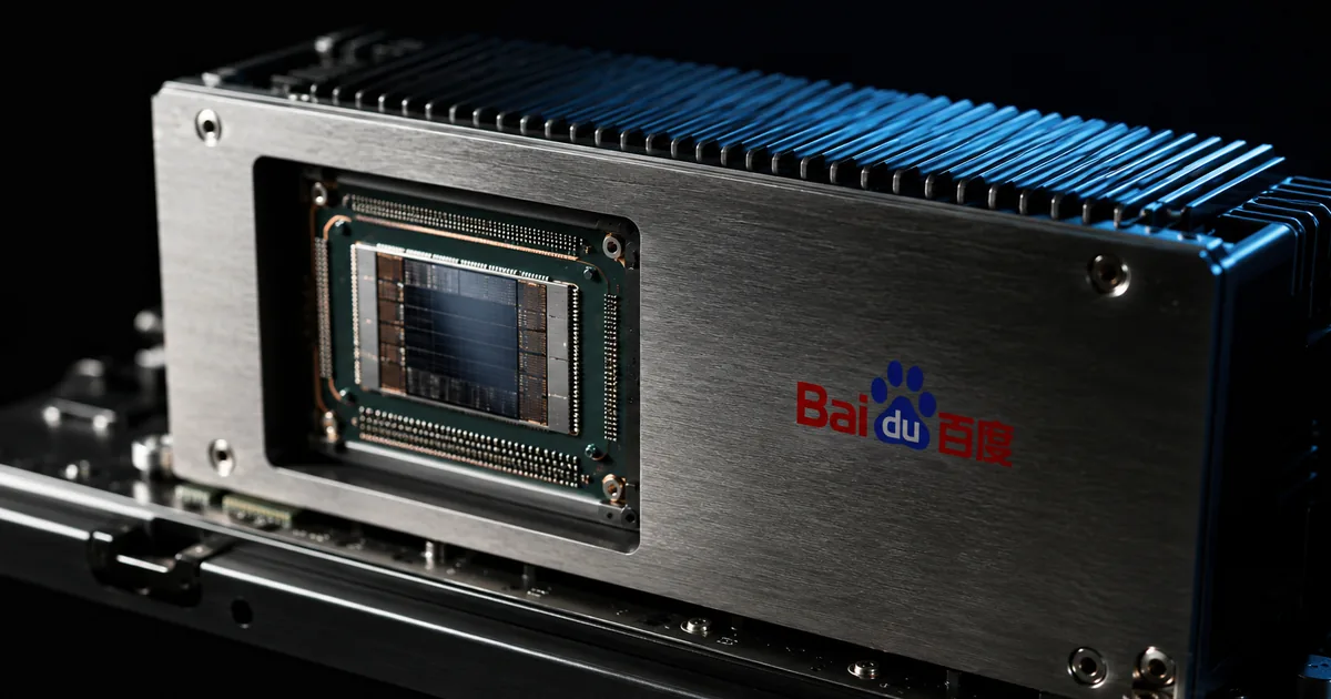 Extreme close-up of a GPU accelerator package on a server rail with a blue heatsink and the Baidu logo printed on the metal shroud