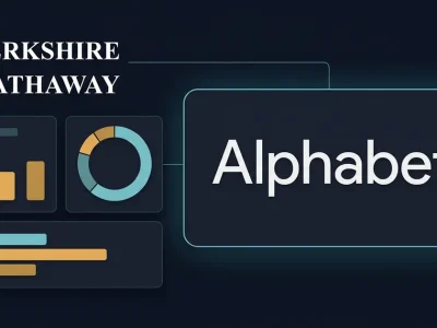 A dark navy portfolio dashboard graphic showing the Berkshire Hathaway wordmark connected by a thin line to a large Alphabet wordmark, beside abstract allocation ring and bar charts