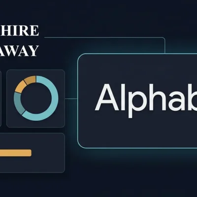 A dark navy portfolio dashboard graphic showing the Berkshire Hathaway wordmark connected by a thin line to a large Alphabet wordmark, beside abstract allocation ring and bar charts