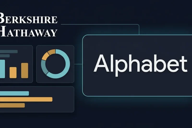 A dark navy portfolio dashboard graphic showing the Berkshire Hathaway wordmark connected by a thin line to a large Alphabet wordmark, beside abstract allocation ring and bar charts