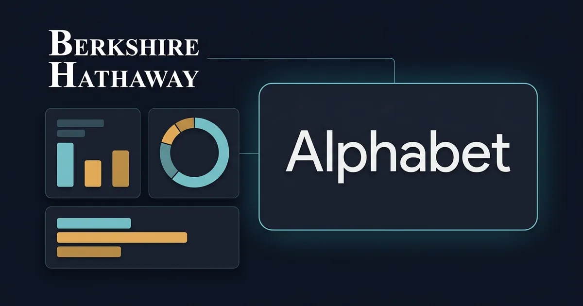 A dark navy portfolio dashboard graphic showing the Berkshire Hathaway wordmark connected by a thin line to a large Alphabet wordmark, beside abstract allocation ring and bar charts