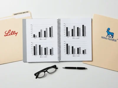 Overhead view of a pricing analysis report between two folders marked with the Eli Lilly and Novo Nordisk logos