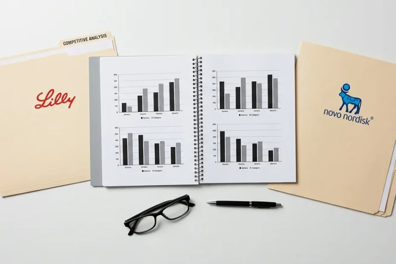 Overhead view of a pricing analysis report between two folders marked with the Eli Lilly and Novo Nordisk logos
