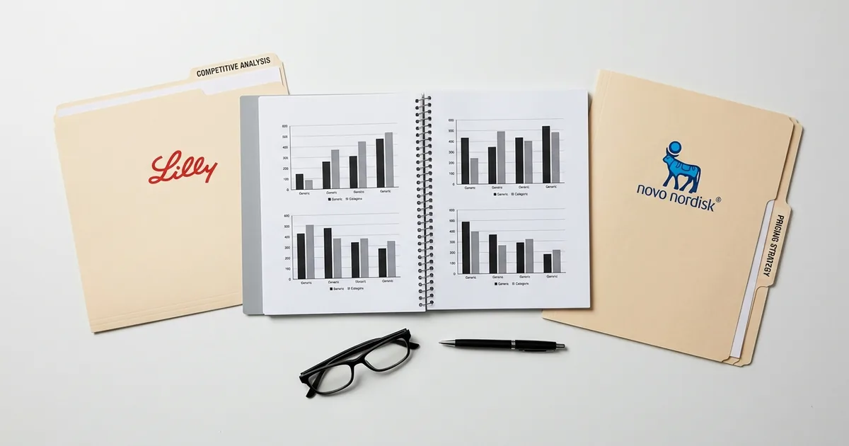 Overhead view of a pricing analysis report between two folders marked with the Eli Lilly and Novo Nordisk logos